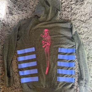 Chrome Hearts Dark Gray Zip-Up Sweater with Pink Skeleton and Blue Stripes